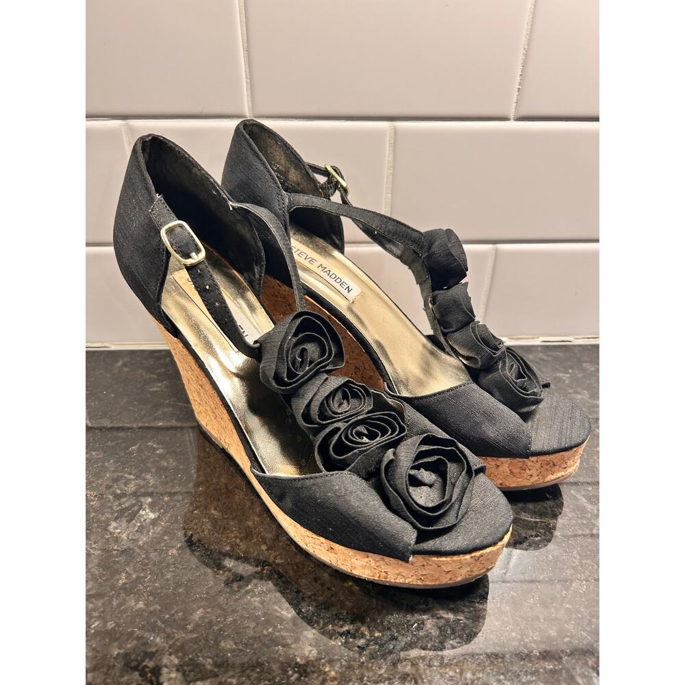 Steve Madden Women's P-Ven Cork Floral‎ Wedge Sandal Shoes Black Size 7